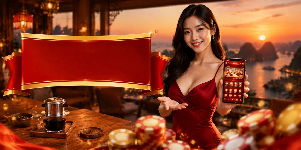 Người dùng sử dụng ứng dụng casino mobile trên điện thoại bên vịnh Hạ Long với ly cà phê